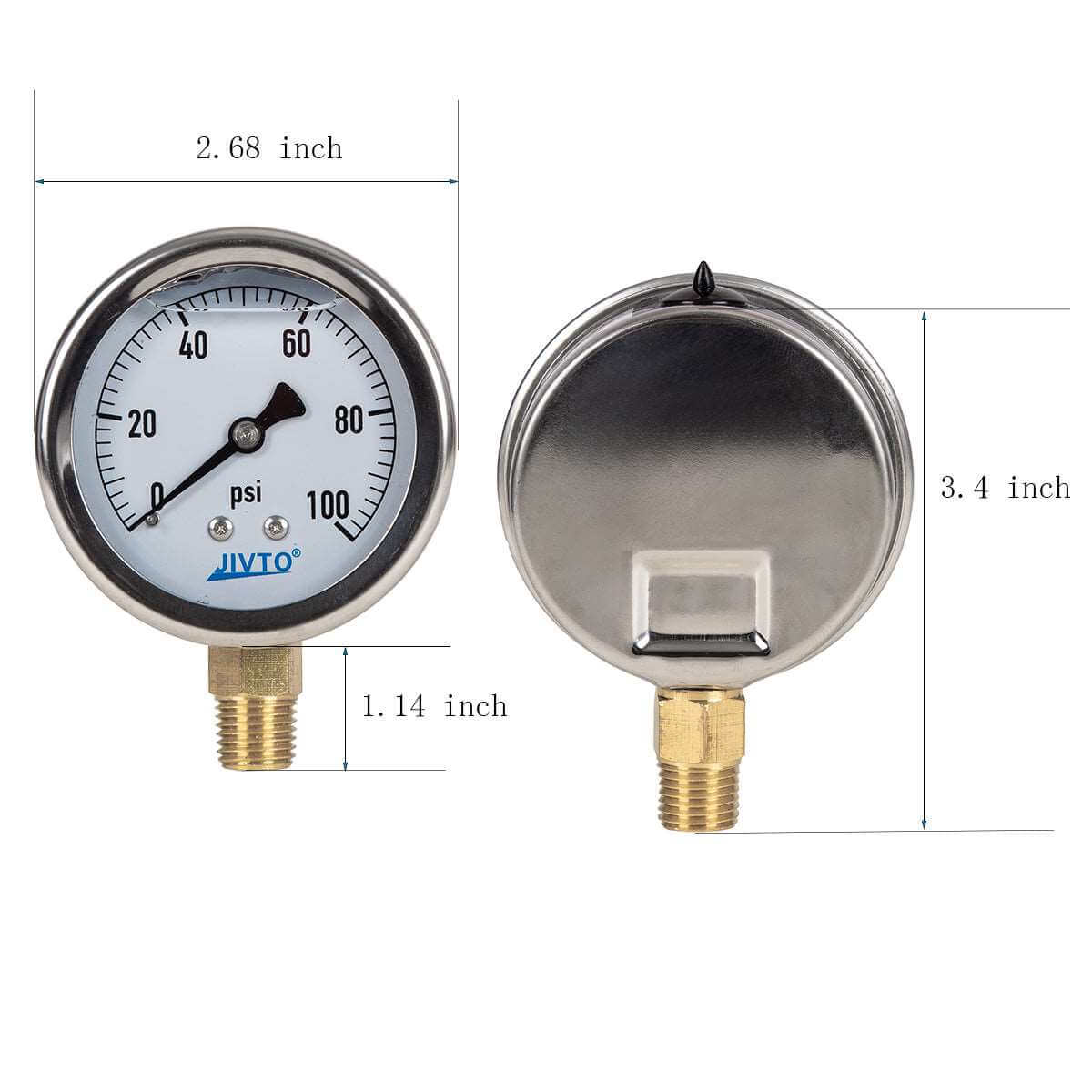JIVTO Pressure Gauge, Liquid Filled, 2-1/2" Dia, PSI , 1/4" NPT Lower Mount - JIVTO