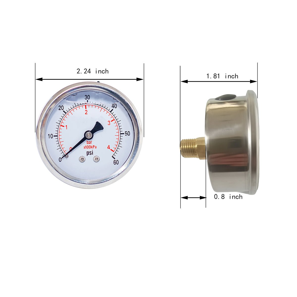 JIVTO Pressure Gauge, Liquid Filled, 2 inch Dia, double scale, 1/4 NPT Back Mount - JIVTO