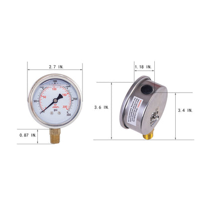 JIVTO Pressure Gauge, Liquid Filled,2-1/2 inch Dia, double scale,1/4 NPT Lower Mount - JIVTO