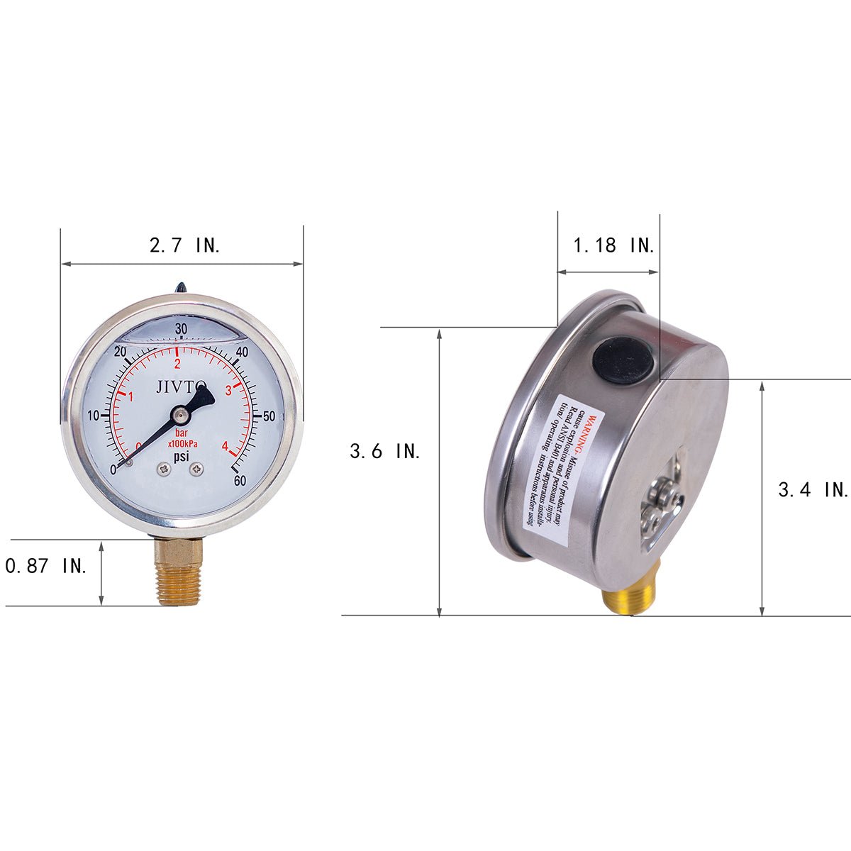 JIVTO Pressure Gauge, Liquid Filled,2-1/2 inch Dia, double scale,1/4 NPT Lower Mount - JIVTO