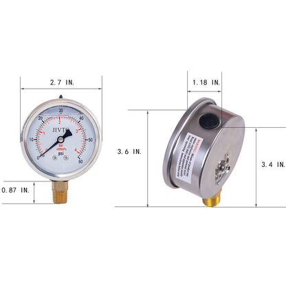 JIVTO Pressure Gauge, Liquid Filled,2-1/2 inch Dia, double scale,1/4 NPT Lower Mount - JIVTO