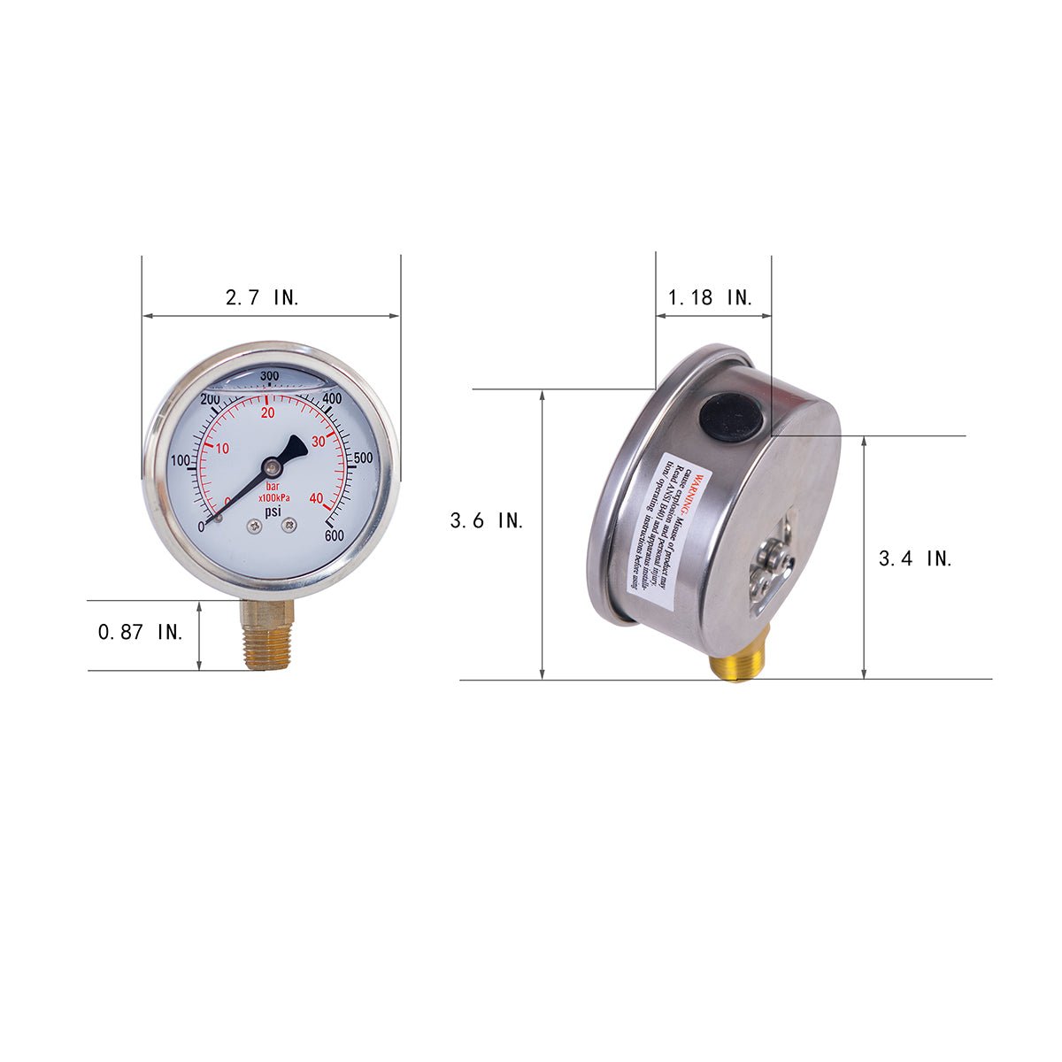 JIVTO Pressure Gauge, Liquid Filled,2-1/2 inch Dia, double scale,1/4 NPT Lower Mount - JIVTO