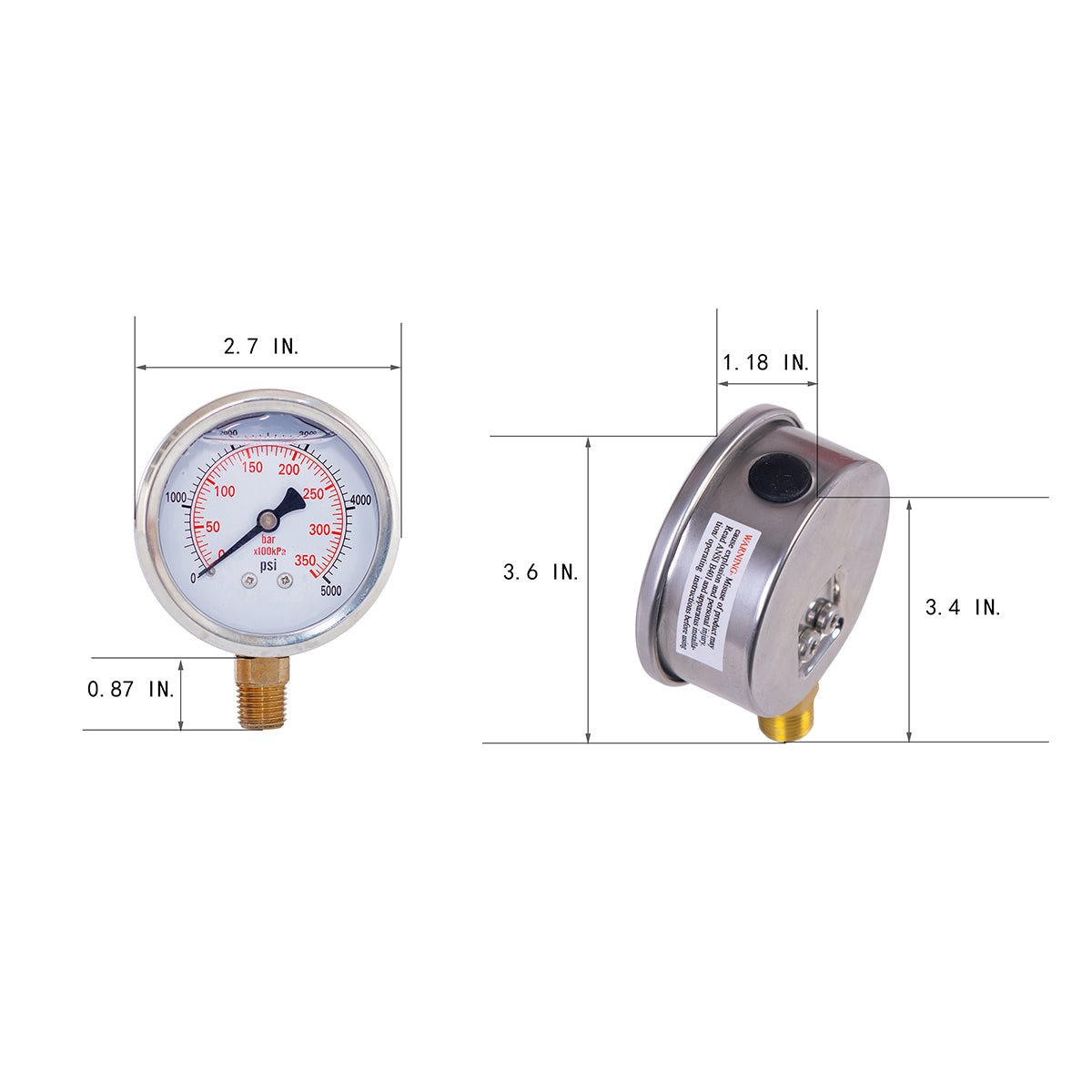 JIVTO Pressure Gauge, Liquid Filled,2-1/2 inch Dia, double scale,1/4 NPT Lower Mount - JIVTO