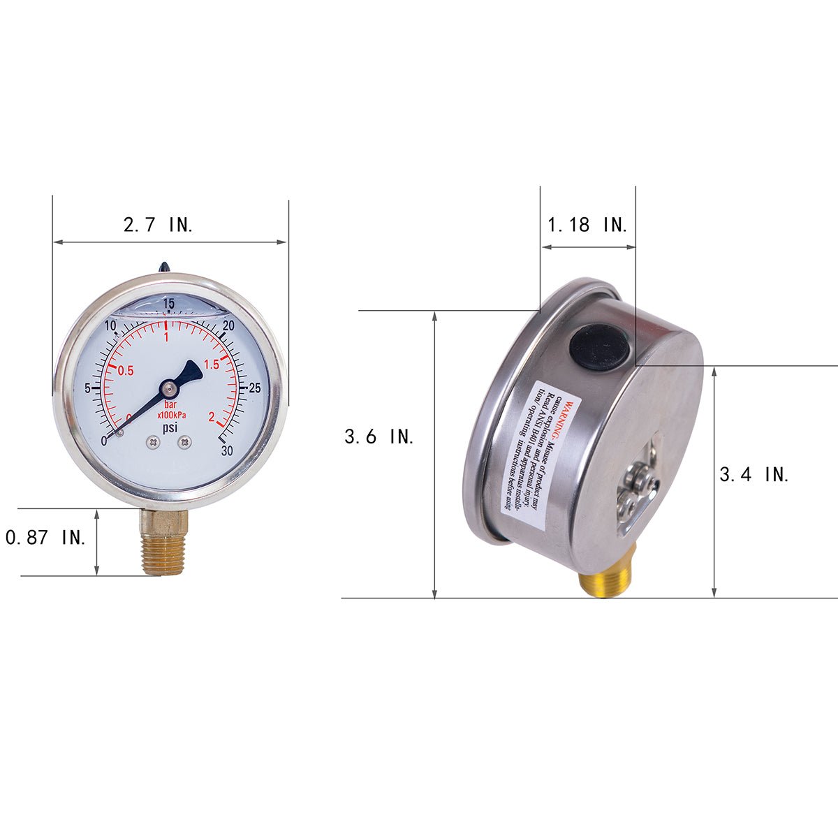 JIVTO Pressure Gauge, Liquid Filled,2-1/2 inch Dia, double scale,1/4 NPT Lower Mount - JIVTO