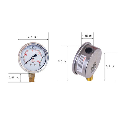 JIVTO Pressure Gauge, Liquid Filled,2-1/2 inch Dia, double scale,1/4 NPT Lower Mount - JIVTO