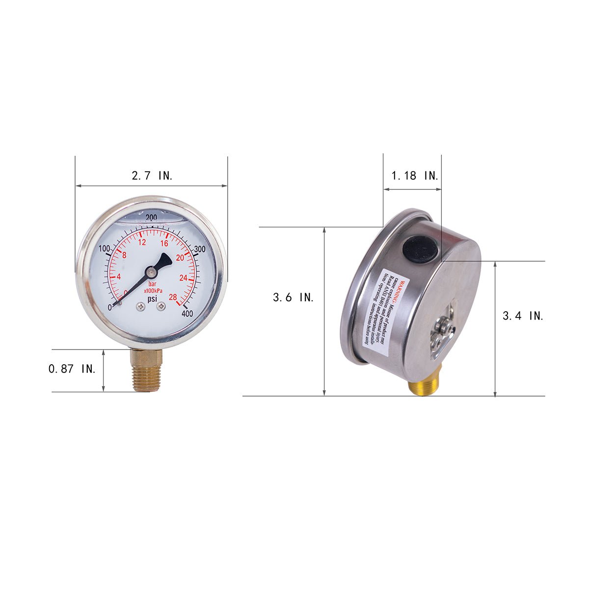 JIVTO Pressure Gauge, Liquid Filled,2-1/2 inch Dia, double scale,1/4 NPT Lower Mount - JIVTO