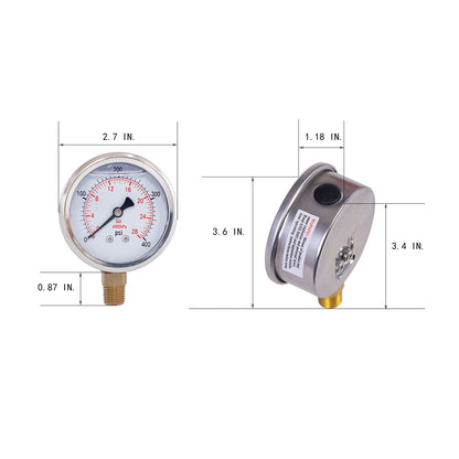 JIVTO Pressure Gauge, Liquid Filled,2-1/2 inch Dia, double scale,1/4 NPT Lower Mount - JIVTO