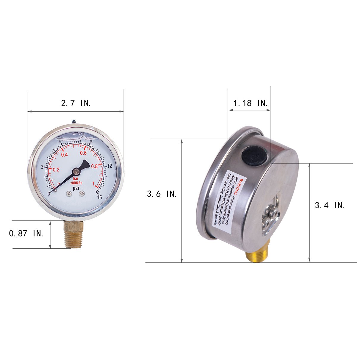 JIVTO Pressure Gauge, Liquid Filled,2-1/2 inch Dia, double scale,1/4 NPT Lower Mount - JIVTO