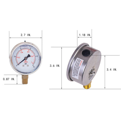 JIVTO Pressure Gauge, Liquid Filled,2-1/2 inch Dia, double scale,1/4 NPT Lower Mount - JIVTO