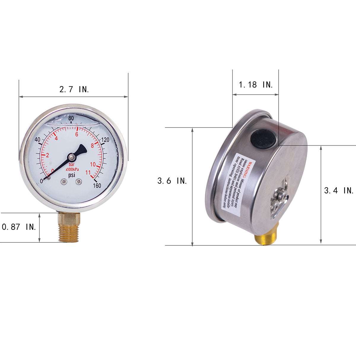 JIVTO Pressure Gauge, Liquid Filled,2-1/2 inch Dia, double scale,1/4 NPT Lower Mount - JIVTO