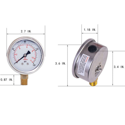 JIVTO Pressure Gauge, Liquid Filled,2-1/2 inch Dia, double scale,1/4 NPT Lower Mount - JIVTO