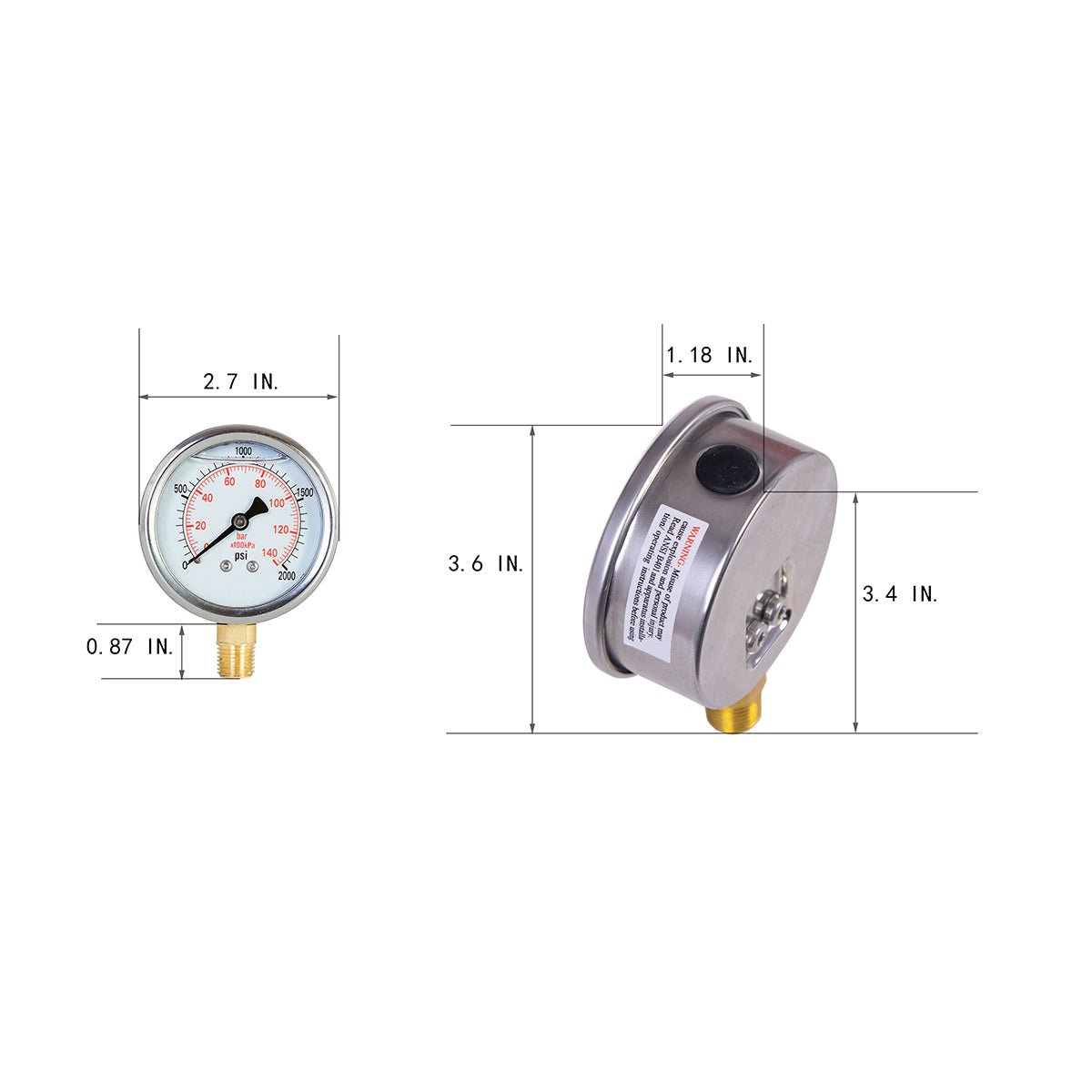 JIVTO Pressure Gauge, Liquid Filled,2-1/2 inch Dia, double scale,1/4 NPT Lower Mount - JIVTO