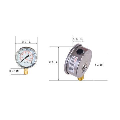 JIVTO Pressure Gauge, Liquid Filled,2-1/2 inch Dia, double scale,1/4 NPT Lower Mount - JIVTO