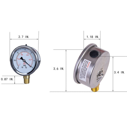 JIVTO Pressure Gauge, Liquid Filled,2-1/2 inch Dia, double scale,1/4 NPT Lower Mount - JIVTO