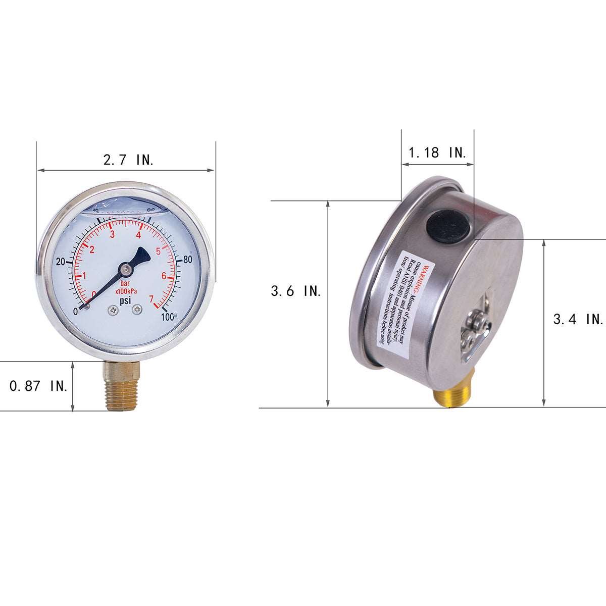 JIVTO Pressure Gauge, Liquid Filled,2-1/2 inch Dia, double scale,1/4 NPT Lower Mount - JIVTO