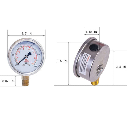 JIVTO Pressure Gauge, Liquid Filled,2-1/2 inch Dia, double scale,1/4 NPT Lower Mount - JIVTO