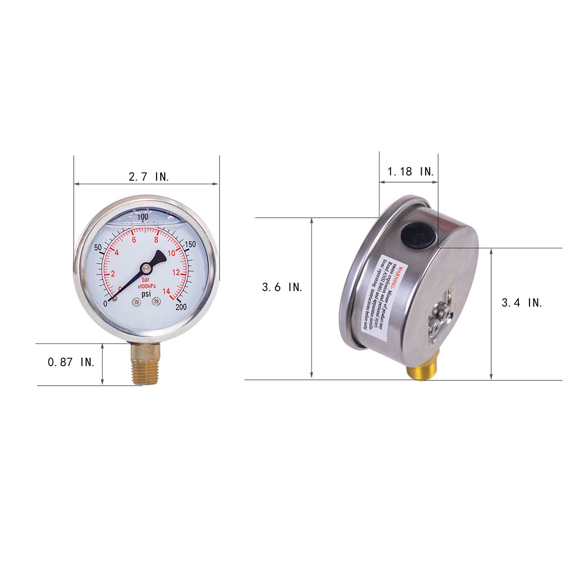 JIVTO Pressure Gauge, Liquid Filled,2-1/2 inch Dia, double scale,1/4 NPT Lower Mount - JIVTO