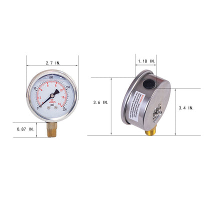 JIVTO Pressure Gauge, Liquid Filled,2-1/2 inch Dia, double scale,1/4 NPT Lower Mount - JIVTO