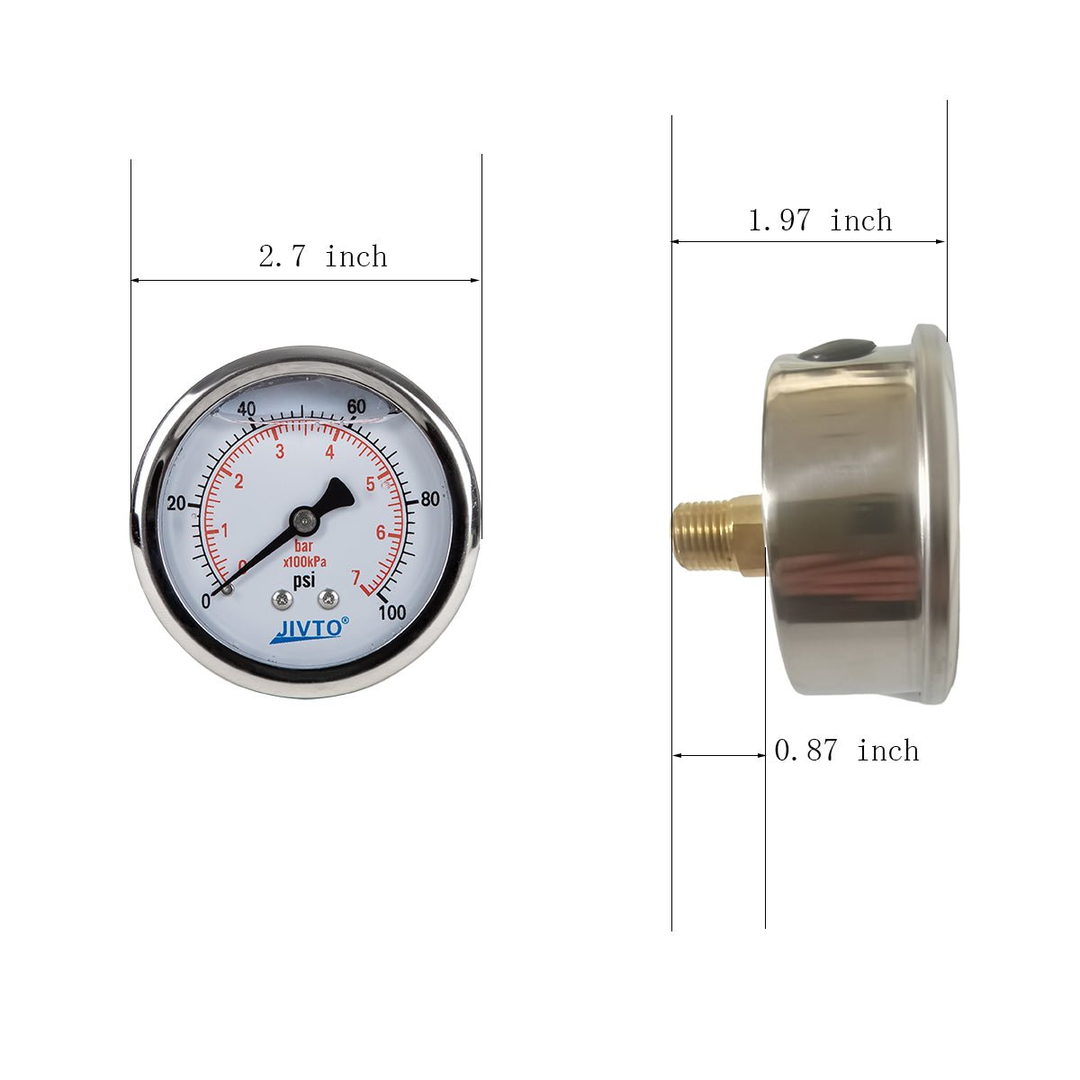 JIVTO Pressure Gauge,Liquid Filled, 2-1/2 inch Dia,double scale,1/4 NPT Back Mount - JIVTO