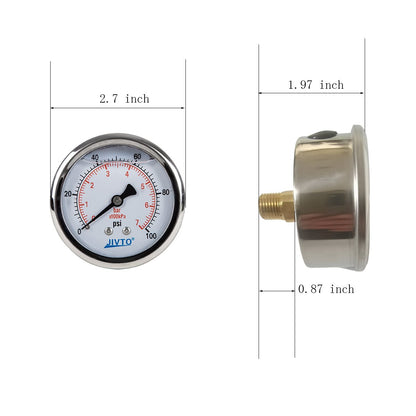 JIVTO Pressure Gauge,Liquid Filled, 2-1/2 inch Dia,double scale,1/4 NPT Back Mount - JIVTO