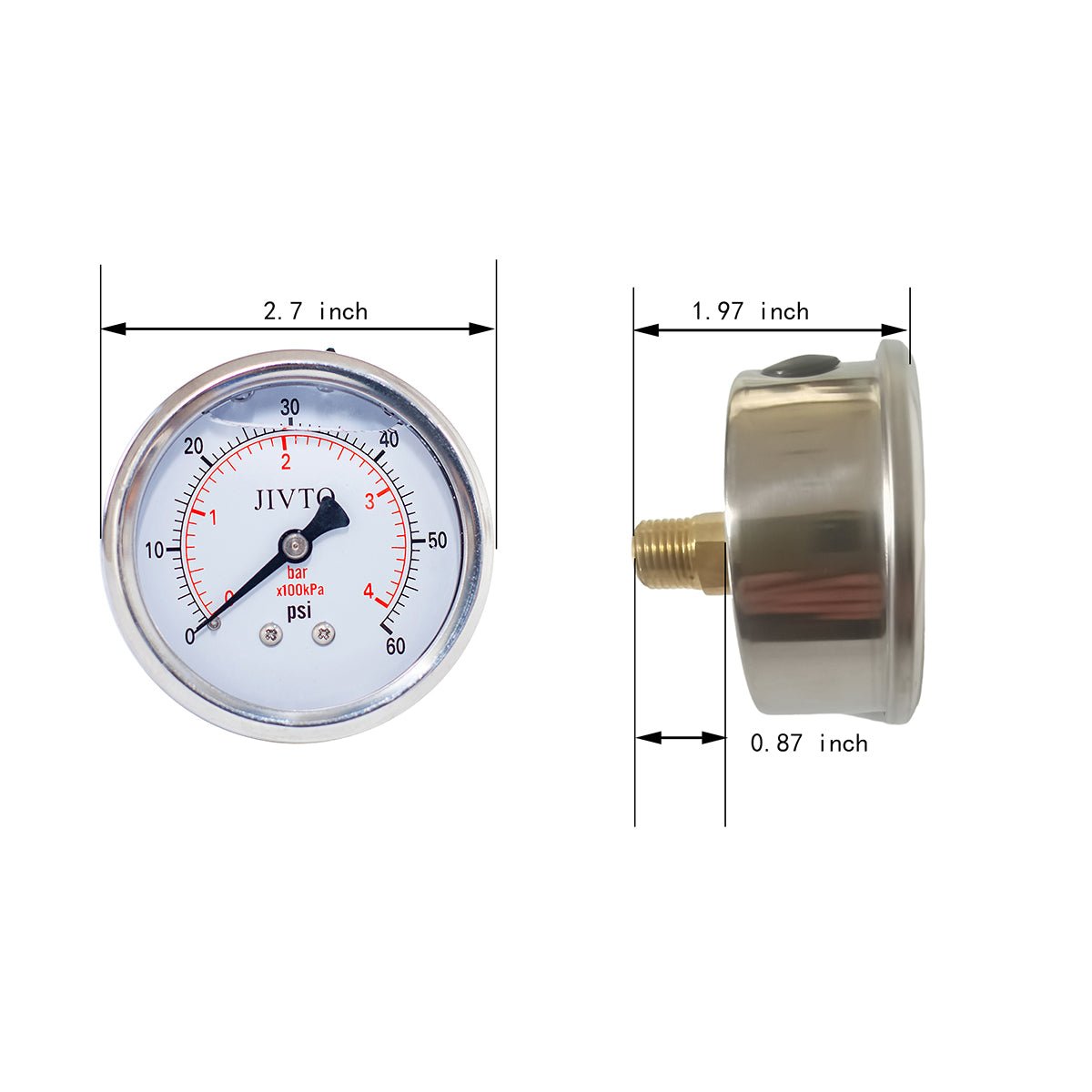 JIVTO Pressure Gauge,Liquid Filled, 2-1/2 inch Dia,double scale,1/4 NPT Back Mount - JIVTO
