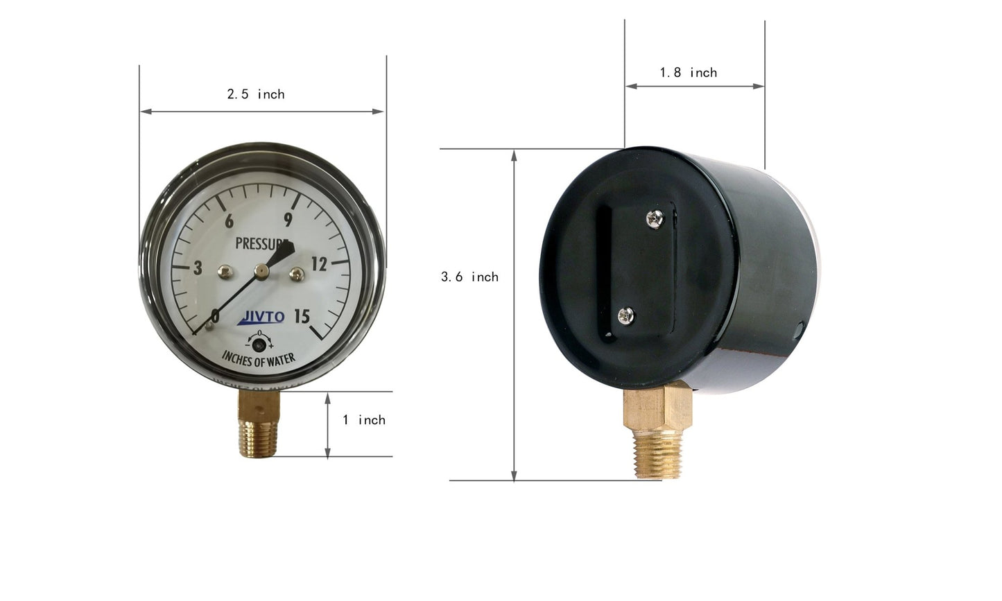 Low Capsule Pressure Gauge, 2-1/2" Dial, 1/4" NPT Brass Connection (Bottom Mount), Zero Adjustment, Safety Glass Window, Black Steel case - JIVTO