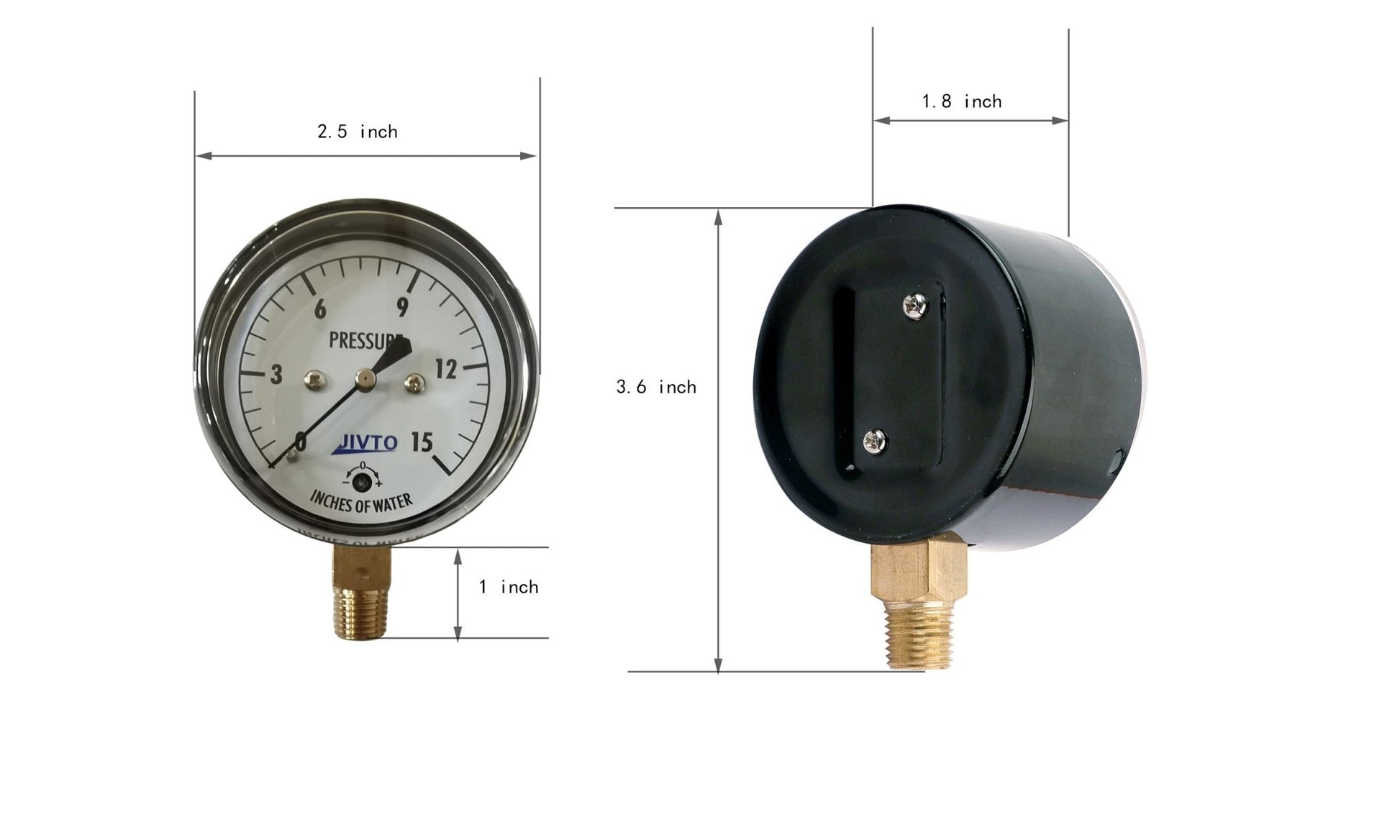 Low Capsule Pressure Gauge, 2-1/2" Dial, 1/4" NPT Brass Connection (Bottom Mount), Zero Adjustment, Safety Glass Window, Black Steel case - JIVTO