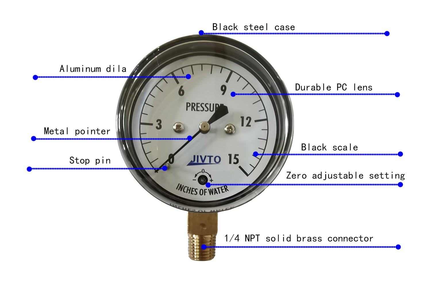 Low Capsule Pressure Gauge, 2-1/2" Dial, 1/4" NPT Brass Connection (Bottom Mount), Zero Adjustment, Safety Glass Window, Black Steel case - JIVTO