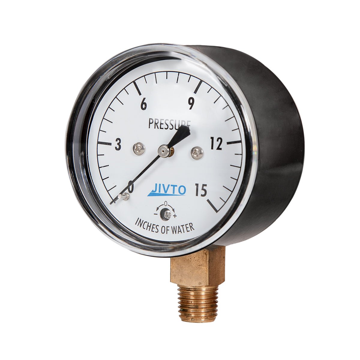 Low Capsule Pressure Gauge, 2-1/2" Dial, 1/4" NPT Brass Connection (Bottom Mount), Zero Adjustment, Safety Glass Window, Black Steel case - JIVTO