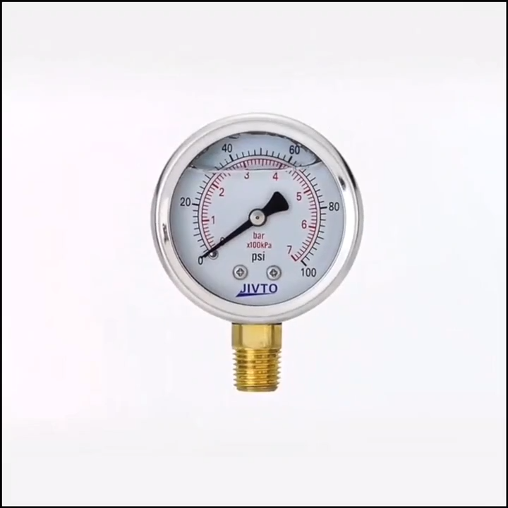 Load video: Video showcasing the JIVTO liquid-filled pressure gauge, highlighting its durable casing, clear dial, and smooth pointer movement.