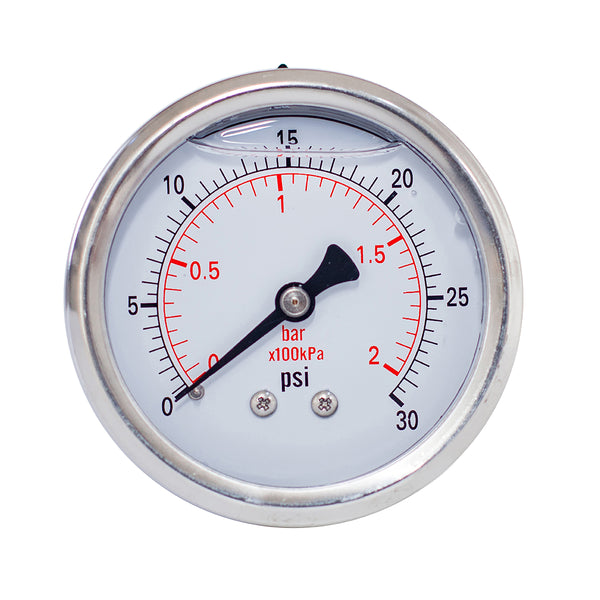 2" liquid filled pressure gauge with 30 psi and  1/4 NPT back mount 