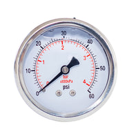 2" liquid filled pressure gauge with 60 psi and  1/4 NPT back mount 