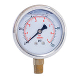 2" liquid filled pressure gauge with 100 psi and 1/4 NPT lower mount