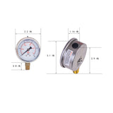 dimension of 2" liquid filled pressure gauge with 15 psi and  1/4 NPT lower mount 