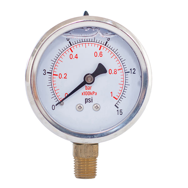 2" liquid filled pressure gauge with 15 psi and 1/4 NPT lower mount 