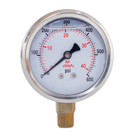 2" liquid filled pressure gauge with 600 psi and 1/4 NPT lower mount
