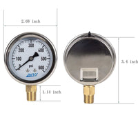 The dimensio of liquid pressure gauge with 600 psi 