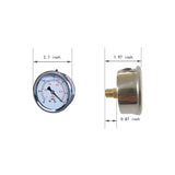 dimension of 2-1/2" liquid filled pressure gauge with -30 inHg and 1/4 NPT back mount