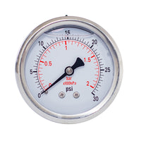 2-1/2" liquid filled pressure gauge with 30 psi and  1/4 NPT back mount 