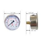 dimension of 2-1/2" liquid filled pressure gauge with 60 psi and 1/4 NPT back mount