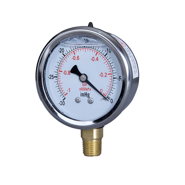 2-1/2" liquid filled pressure gauge with -30 inHg-0 and 1/4 NPT lower mount