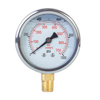2-1/2" liquid filled pressure gauge with 10000 psi and 1/4 NPT lower mount