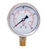 2-1/2" liquid filled pressure gauge with 160 psi and 1/4 NPT lower mount 