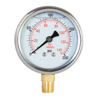 2-1/2" liquid filled pressure gauge with 2000 psi and 1/4 NPT lower mount