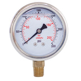2-1/2" liquid filled pressure gauge with 3000 psi and 1/4 NPT lower mount