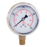 2-1/2" liquid filled pressure gauge with 400 psi and 1/4 NPT lower mount 